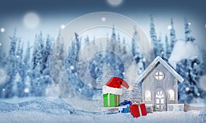 Christmas card with house in snow