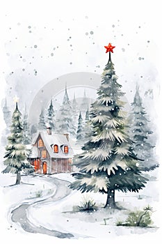 Christmas Card With House and Trees in Snow