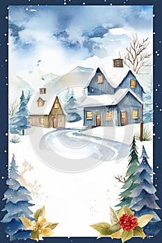 Christmas Card With House and Trees in Snow
