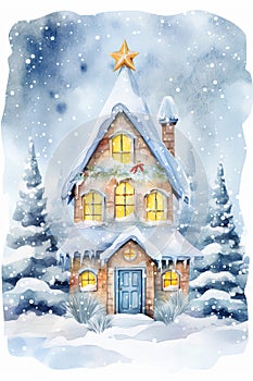 Christmas Card With House and Trees in Snow