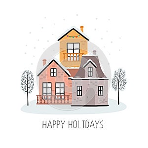 Christmas card with houses, happy holidays. Vector illustration