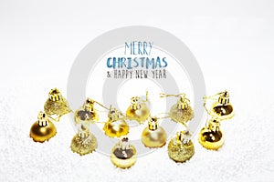 Christmas card, illustration with golden baubles, balls, decorations, ornaments on a silver white background with blurry, blurred