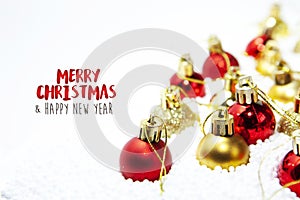 Christmas card, illustration with golden baubles, balls, decorations, ornaments on a silver white background with blurry, blurred