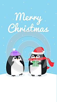 Christmas card for instragram in flat style. Penguin giving a penguin a gift on snowflake background. Two penguins on snow photo