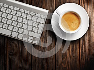 Christmas card. Keyboard, cup of coffee. background