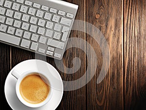 Christmas card. Keyboard, cup of coffee. background