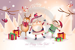 christmas card with lovely santa friends characters