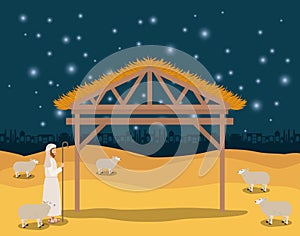 Christmas card with manger stable and sheeper