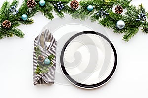 Christmas card or menu template copy space. Holiday table setting flat lay