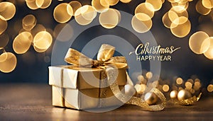 Christmas Card Merry Christmas and Happy New Year 2024 Beautiful gift box and golden bokeh lights