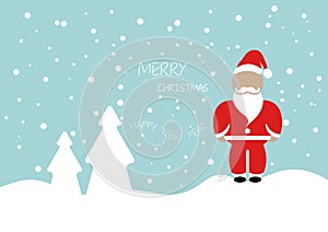 Christmas card. Merry Christmas and Happy New Year greeting with cute Santa Claus lettering vector, snowfall and white Christmas