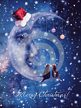 Christmas card with moon and kittens