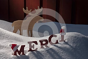 Christmas Card Moose, Snow, Merci Mean Thanks, Santa Hat