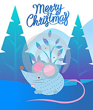 Christmas Card with Mouse and Fir-tree Vector