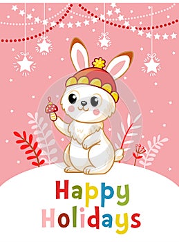 Christmas card with New Year`s bunny on a snowy background in cartoon style