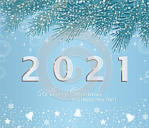 Christmas card with New Year`s date 2021 on blue background with fir branches and elements of holiday decorations. Vector