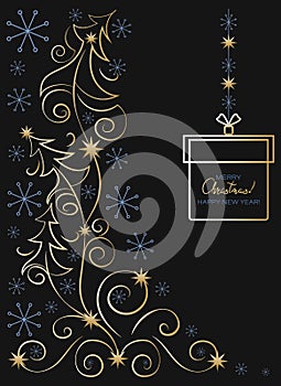 Christmas card. New Years greetings. Vector decorative elements of festive design gift, trees, stars