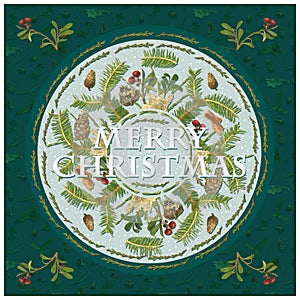 Christmas card with ornament of plants, frame coniferous branches, cones, twigs, leaves and berries