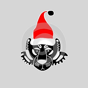 Christmas card with outline doodling of muzzle of black tiger in cap