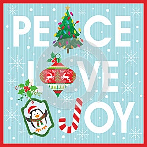 christmas card with peace, love, joy, penguin and tree