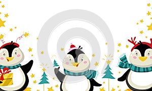 Christmas card with penguin flat. Cute animals on the white background with stars. New Years card. Vector illustration.