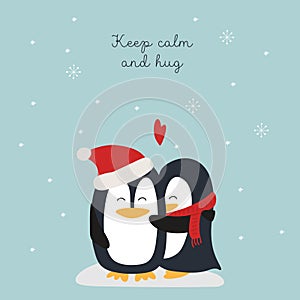 Christmas card with penguins hugs