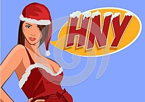 Christmas card with pin up Santa girl. Vector illustration