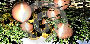 Christmas card with pine needles, pink brass and gold reflective balls. Great collage for making New Year greetings. 3d render