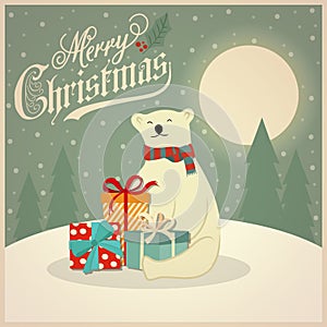 Christmas card with polar bear and gift boxes