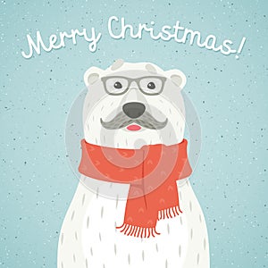 Christmas card of polar bear with red scarf
