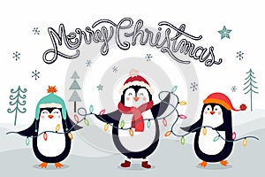 Christmas card/poster/banner with penguins in a winter landscape