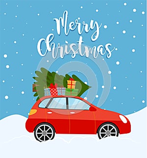 Christmas card or poster design with retro red pickup truck with christmas tree on board. Template for new year party or event