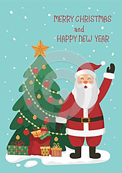 Christmas card or poster Santa Claus waving hand, bagful of gifts, Christmas tree, snow and text Merry Christmas