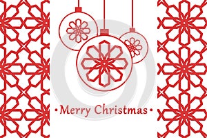 Christmas card on a red background, a Christmas ball in sparks and snowflakes with the inscription Merry Christmas. Festive