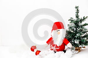 Christmas Card - Red Baubles, Santa Claus and christmas tree. Winter holiday. Christmas eve. Greeting card