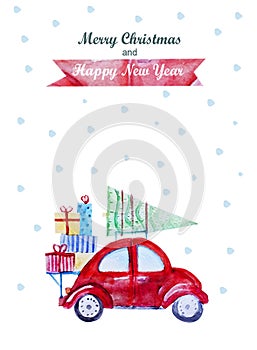 Christmas card with red car and christmas tree on the top.Colored gifts.New year and xmas celebration. Watercolor hand