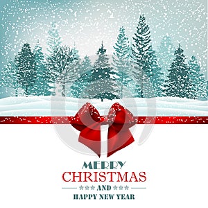 Christmas card with red ribbon bow and forest. Vector