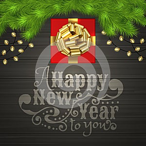 Christmas tree, gift box, garland, gold ribbon bow