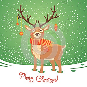 Christmas card with reindeer. Cute cartoon deer