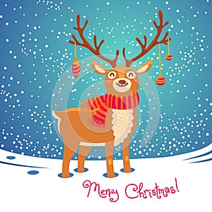 Christmas card with reindeer. Cute cartoon deer