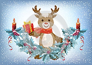 Christmas card with reindeer deer holding gift box and spruce garland with burning candle and bullfinch bird in Santa hat on the