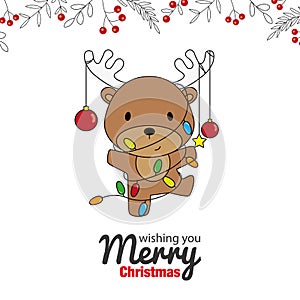 Christmas card. Reindeer with lights christmas
