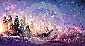 Christmas Card with Reindeer, Winter Sunny Landscape. Vector photo