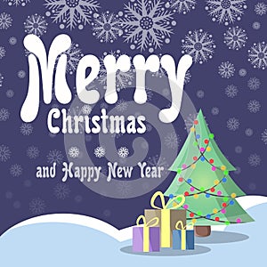 Christmas card in retro style. Christmas tree with garlands stands on snow underneath boxes with gifts on a background of the nigh