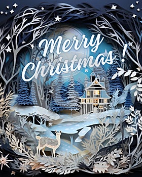 Christmas card roe deer in the forest, fairytale house