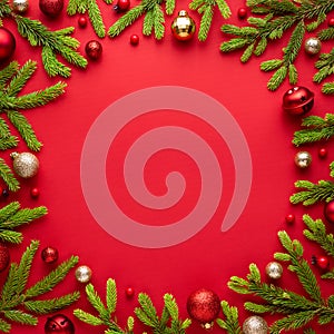 Christmas card with round frame on red background