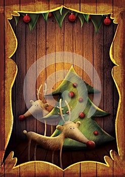 Christmas card - Rudolph with tree in wooden frame