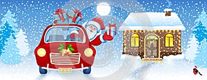 Christmas card with Santa Claus in car and house and Santa`s workshop against winter forest background background