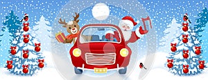 Christmas card with Santa Claus and deer in red vintage car with gift box against winter forest background. New Year design