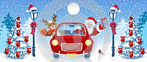 Christmas card with Santa Claus and deer in red vintage car with gift box against winter forest background. New Year design